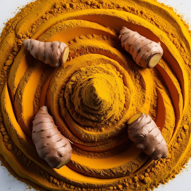 Photo turmeric powder in bowl on rustic background