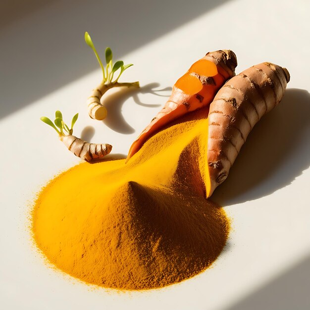 Photo turmeric powder in bowl on rustic background