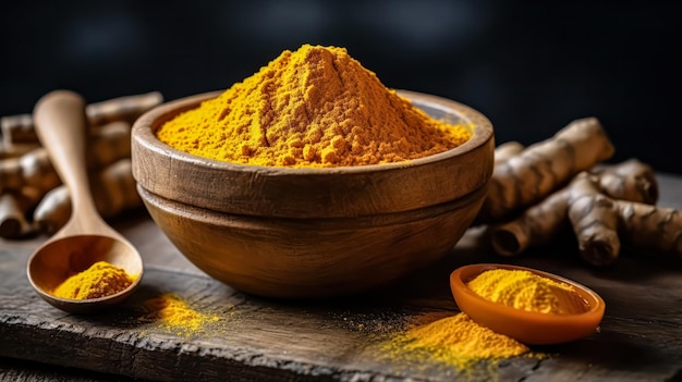 Turmeric powder elegantly poured into a wooden bowl on a table