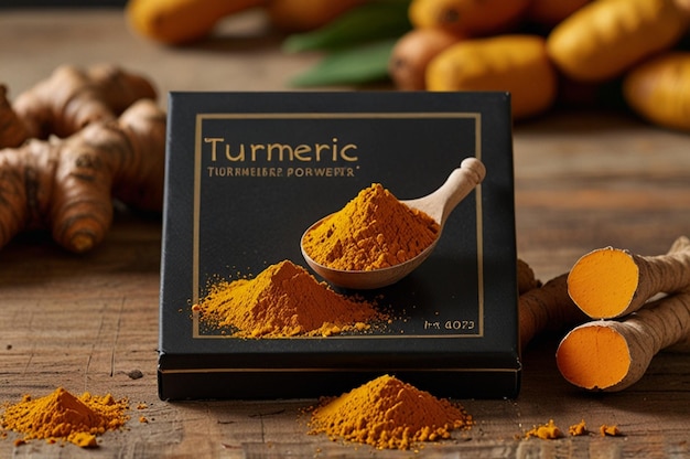 Photo turmeric powder and fresh roots with leaves