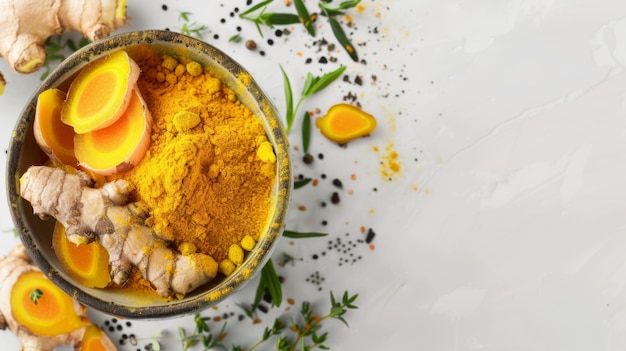 Turmeric Powder and Ginger Slices in Ceramic Bowl