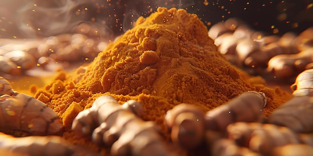 Turmeric Powder Pile with Root Pieces Photo