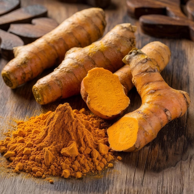 Turmeric powder and roots on wooden background