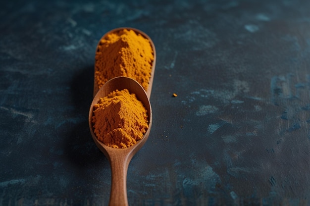 Photo turmeric powder in spoon on blue background