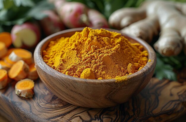 Photo turmeric powder in a wooden bowl on a rustic table with fresh turnips