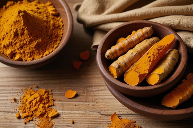 Photo turmeric root and turmeric powder in the wooden bowl with leaves finely dry turmeric