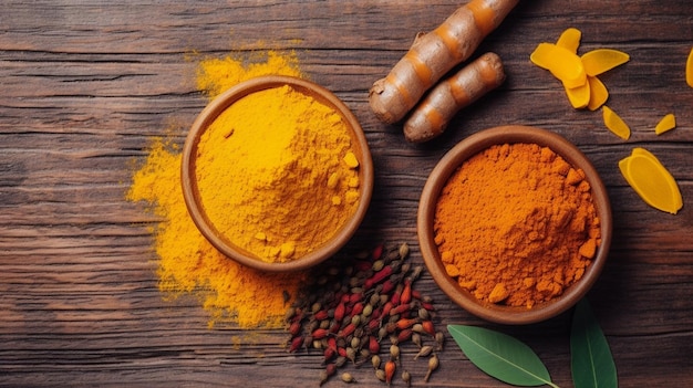 Turmeric and turmeric powder on wooden background