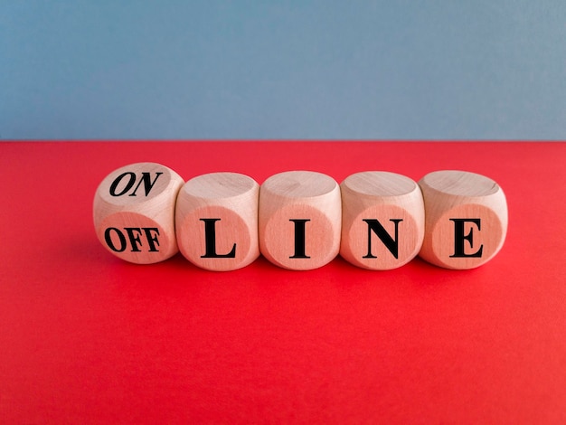 Turned a dice and changes the word OFF LINE to ON LINE Beautiful blue background red table