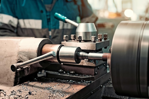 Turner in overalls works behind lathe in production hall Processing of metal products background