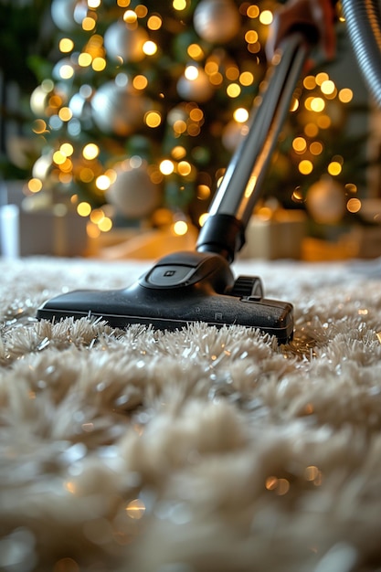 Turning Vacuuming into a Satisfying Ritual Amidst Beloved Carpet and Christmas Tree Glow