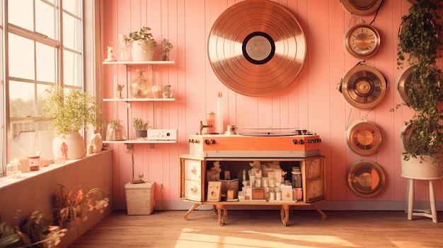 A turntable with a record player on top of it in a room with a wall of vases and a clock on the wall Generative AI