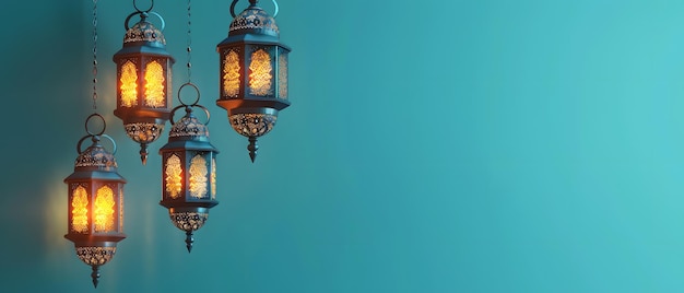 Turquoise background with arabic lantern ramadan copy space concept mockup