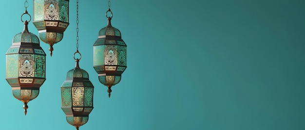 Turquoise background with arabic lantern ramadan copy space concept mockup