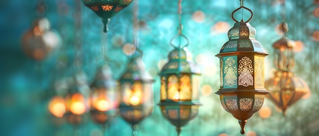 Turquoise background with arabic lantern ramadan copy space concept mockup