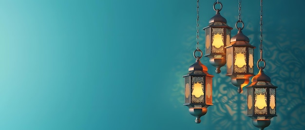 Turquoise background with arabic lantern ramadan copy space concept mockup