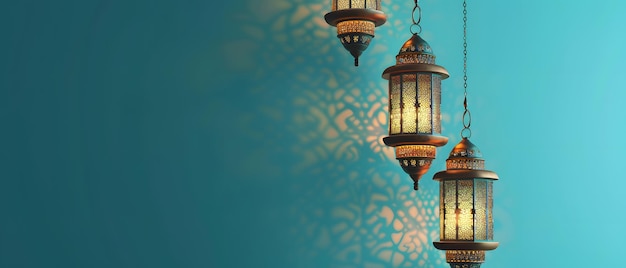 Turquoise background with arabic lantern ramadan copy space concept mockup