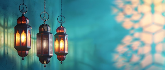 Turquoise background with arabic lantern ramadan copy space concept mockup