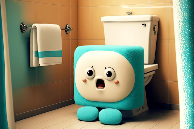 Turquoise beige bathroom with toilet paper cute cartoon character