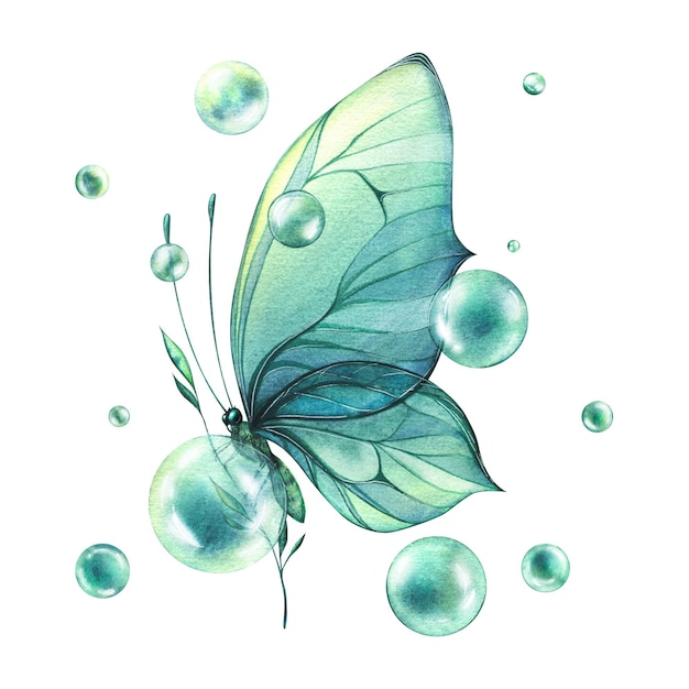 Turquoise blue butterfly with bubbles gentle side view sitting on a branch Watercolor illustration For the design and decoration of postcards posters logos stickers invitations