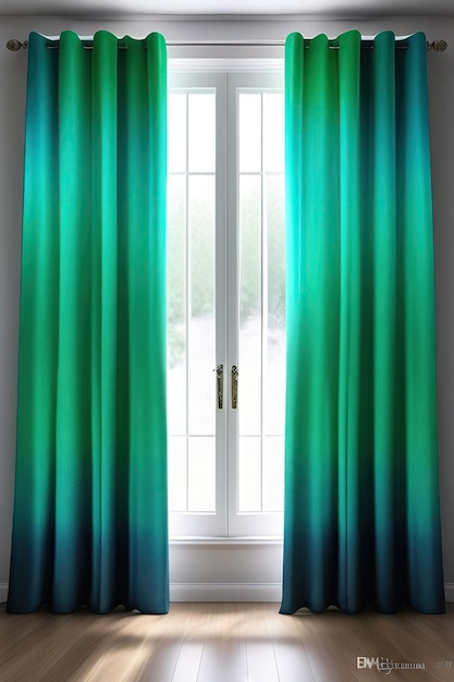 Turquoise blue gradient tie dye curtain drape in sunlight window grille shadow on pastel green wall