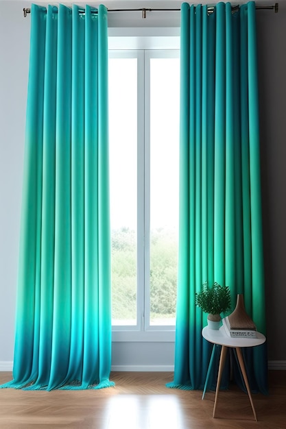 Turquoise blue gradient tie dye curtain drape in sunlight window grille shadow on pastel green wall