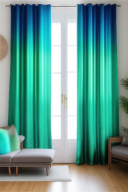 Turquoise blue gradient tie dye curtain drape in sunlight window grille shadow on pastel green wall