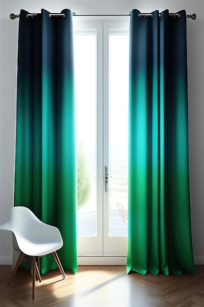 Turquoise blue gradient tie dye curtain drape in sunlight window grille shadow on pastel green wall