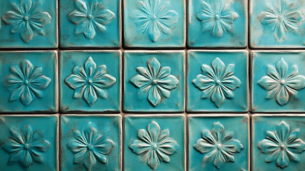 Photo turquoise ceramic tiles with embossed flower design