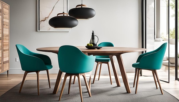 Photo turquoise chairs at wooden round dining table scandinavian home interior design of modern dining