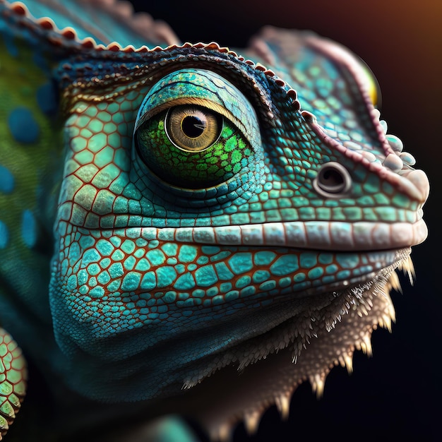 Turquoise chameleon with green eyes on a black background Wildlife exotic animals reptile high resolution illustrations art AI