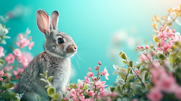 Turquoise Easter background with 2 rabbits and pastel colors and space for text