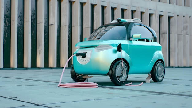 A turquoise electric car is plugged in and charging in front of a modern building