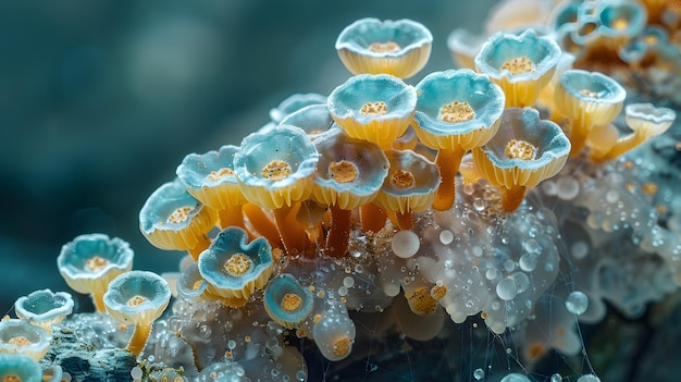 Turquoise Fungi Colonies Forming Intricate Spore Patterns on Isolated Background