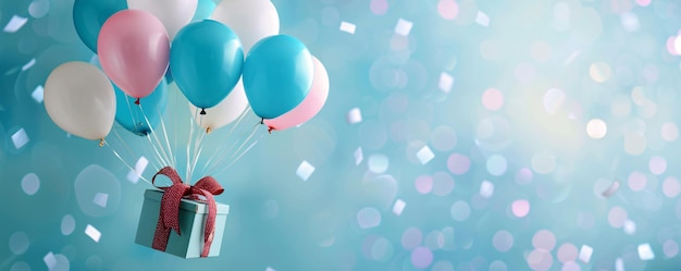 Turquoise gift box with a red ribbon floating with colorful balloons on a pastel blue background