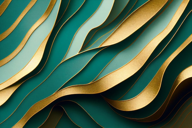 Turquoise and Golden Cut Out Paper Layered Structure 3D Art Abstract Background