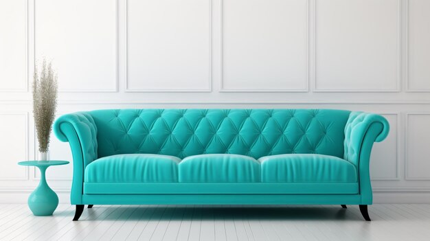 Turquoise sofa and big posters Interior design of modern living room