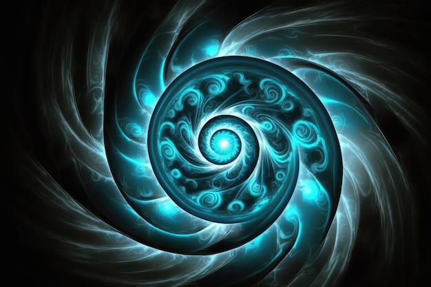 A turquoise spiral of light representing a wave of sound or light glows in the blackness of space