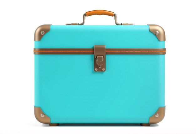 Photo turquoise vintage suitcase with orange handle isolated on white