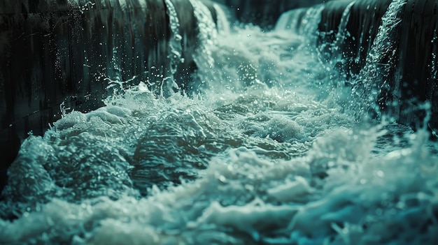 Turquoise waters cascade over the edge of a spillway creating a dynamic and frothy display