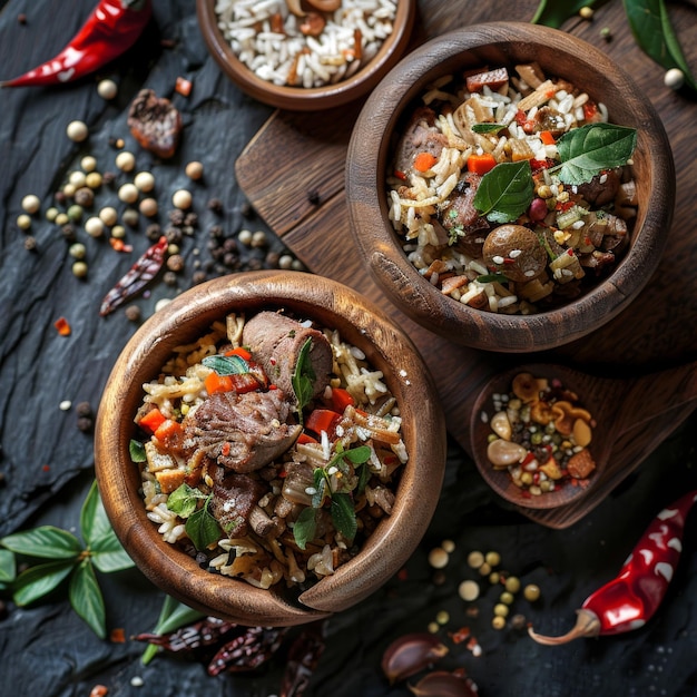 Turshu and Roast Meat Lamb Pilaf with Dried Fruits Rice and Herbs on Moss Background Exquisite Serving