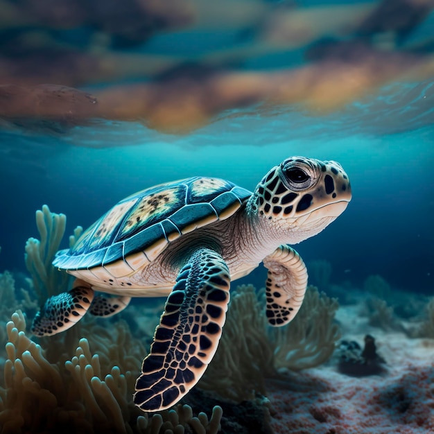 a turtle baby in the sea, reef background,