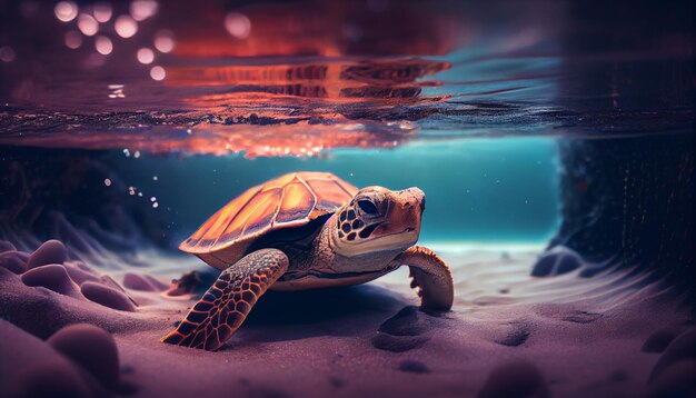 A turtle on the beach at sunset