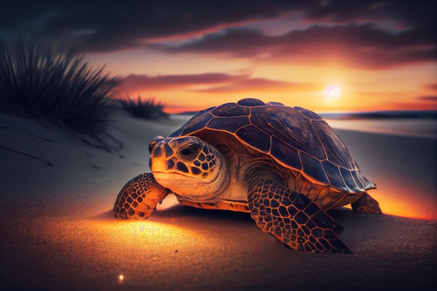 A turtle on the beach at sunset