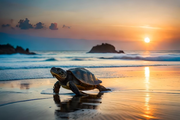 A turtle on the beach at sunset