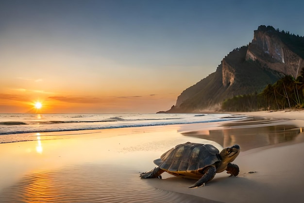 A turtle on the beach at sunset