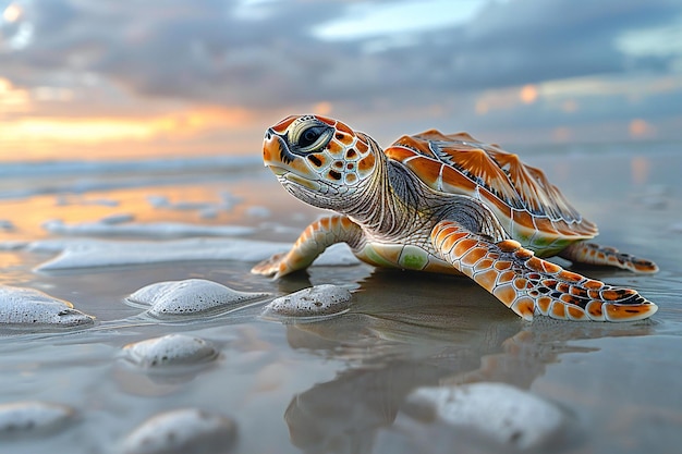 turtle on the beach with a sunset in the background