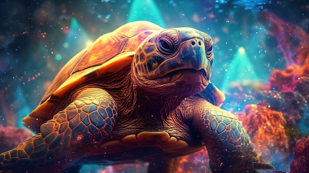 A turtle in a colorful world