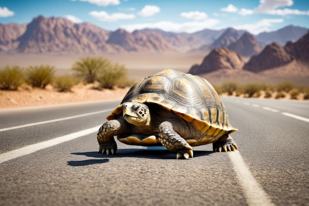 Turtle crossing desert road with mountains in the background