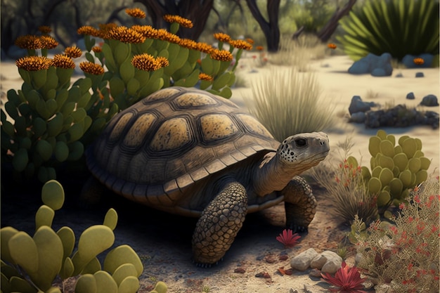 A turtle in a desert scene with cacti and cactus.