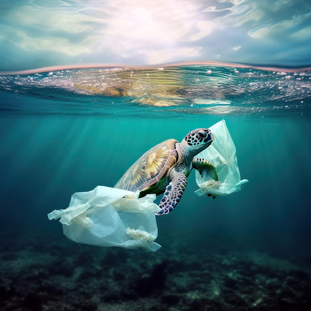 Turtle Eat Plastic Bag under sea